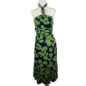 Tory Burch‎ Eloriane Green Halter Neck Floral Silk Midi Dress Size 2